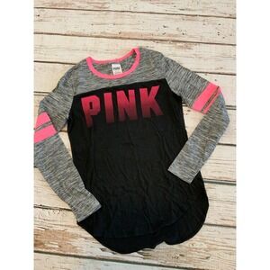 Victorias Secret PINK Long Sleeve Tee Shirt Black Grey Neon Pink Logo XS